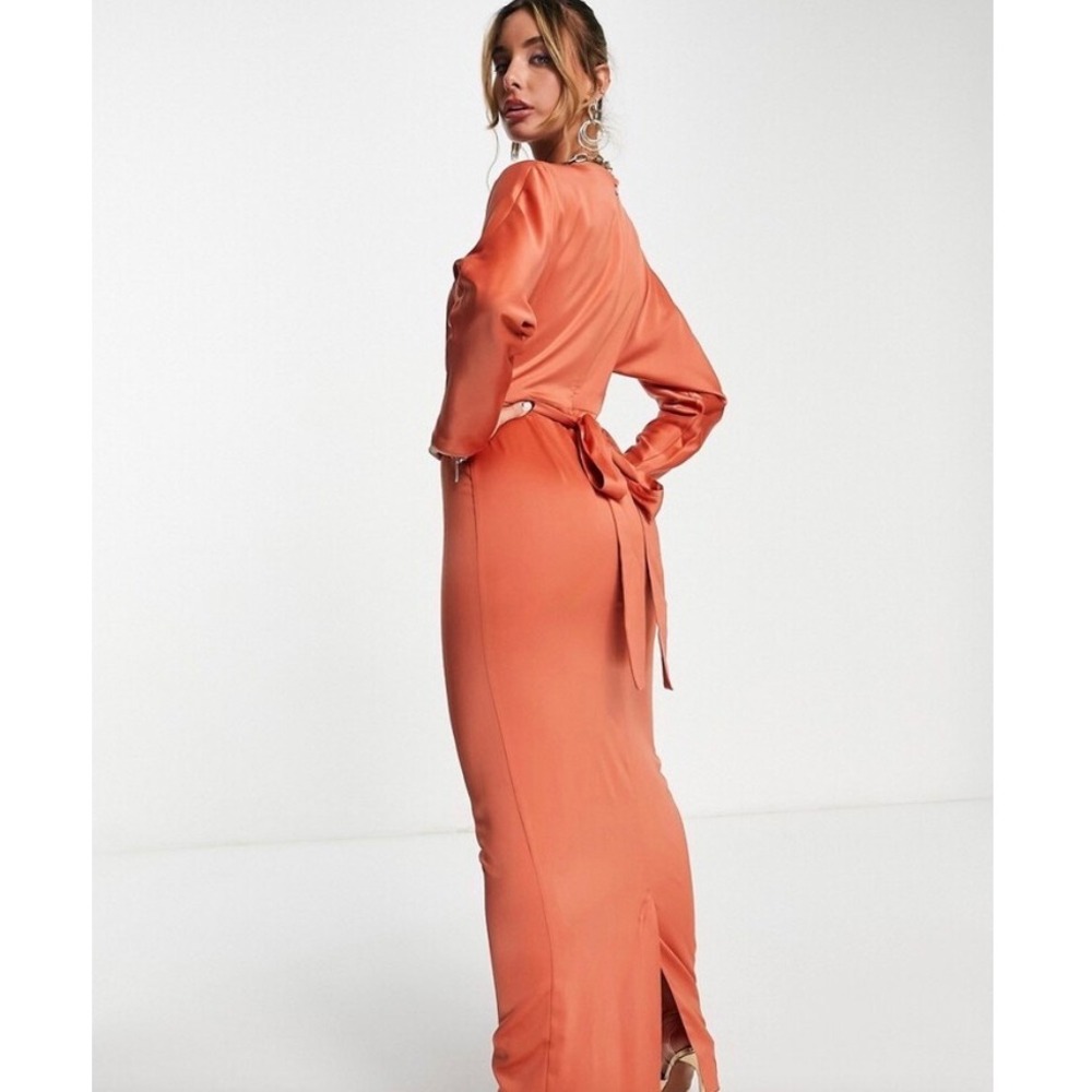 ASOS Design Women Rust Orange Satin Long Sleeve Tie Waist Maxi Dress Formal Gown - Picture 4 of 10